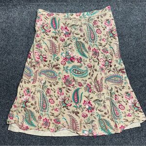 100% linen tan Paisley midi skirt pink turquoise accents boho cottage fairy